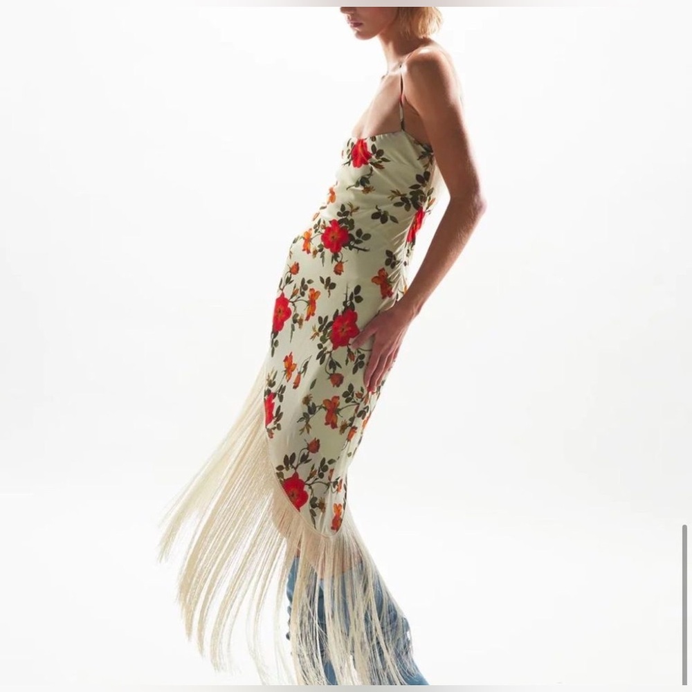 MIRAE Belle Rose Floral Fringe Dress in Ecru color Size 40 M NWT